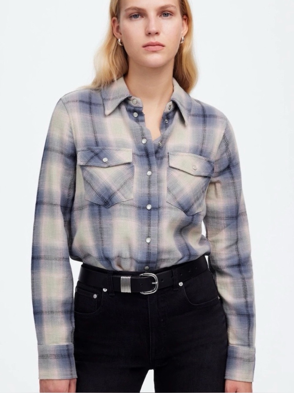 Madewell Flannel Snap-Front Shirt in Ashen Blue Plaid